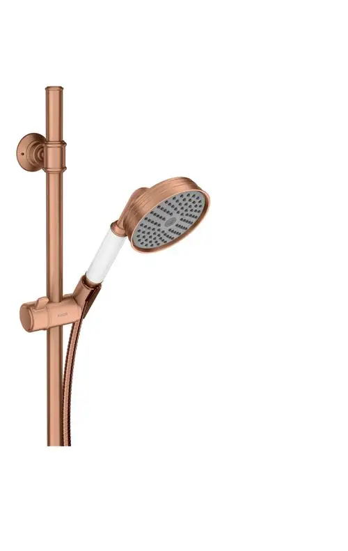Handbrause in Roségold mit verstellbarem Halter, montiert an einer senkrechten Stange. Axor-Logo sichtbar auf der Handbrause.